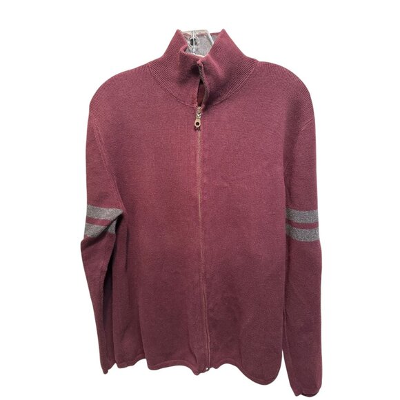 Gap Mens Full-Zip Burgundy Sweater With Gray Stripes On Sleeves - Picture 8 of 12